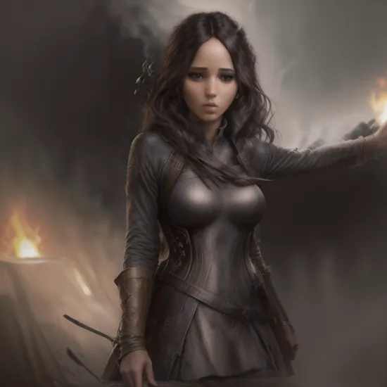 (Jennifer Lawrence:0.9) acting (Katniss Everdeen), (long wavy hair), fight to the death, movie poster, smoke, subsurface scattering, ruins on background, thin waist, intricate, highly detailed, perfect image, cinematic lighting, very detailed face and eyes, (dark ambience:1.5), (dimly lit:1.1), elaborate fantasy atmosphere, high-quality photo, photorealistic painting by Ed Blinkey, trending on artStation, high detail, sharp focus, dramatic