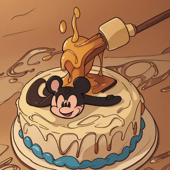 melted caramel pouring over a mickey mouse cake, RAW photo, masterpiece, Intricate Details, high quality, realistic, 4K, professional photo, 