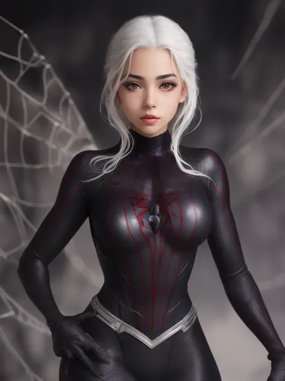 black Spider Man costume,1girl,waist up,solo,lips,(shiny skin:1.2),mole under eye,(White hair:1.1),spider web print,gloves,,blury background,depth of field,night scene,