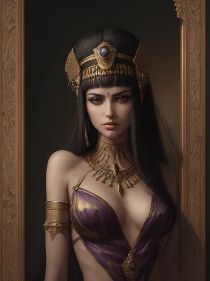 an awarded profesional photo of Cleopatra VII: The legendary Egyptian queen exudes enchanting elegance in her opulent silk robes, dyed a rich shade of royal purple. Golden thread weaves intricate patterns, depicting scenes of her illustrious reign, adding an air of majesty to her appearance. Adorned with shimmering jewels, Cleopatra's beauty is matched only by her cunning intelligence. Kohl-rimmed eyes and full, crimson lips complete her captivating allure, making her a force to be reckoned with both on and off the battlefield., ultradetailed, intricated face,(face details:1.1),perfect eyes, ideal body posture,perfect body proportions, by jeremy mann, by sandra chevrier, by maciej kuciara,(masterpiece:1.2),(ultradetailed:1.1), ultrasharp, (perfect, body:1.1),(realistic:1.3),(real shadow:1.2),3photo Fujifilm XT3, ,(perfect body proportions:1.1)<lyco:GoodHands-beta2:1>, intricated hands,(by Michelangelo),(profesional lights:1.3) (profesional photography:1.3),in Lunar Wastes: A desolate wasteland under the moon's watchful gaze, where the land is cracked and lifeless., cowboy shot (character focus:1.1), depth of field