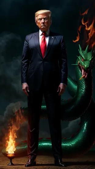Corporate dragon master, (emerald-eyed serpent), ((suave male Donald Trump)), sleek suit, contemplative expression, mystical companion, (flame of ambition), (air of command).