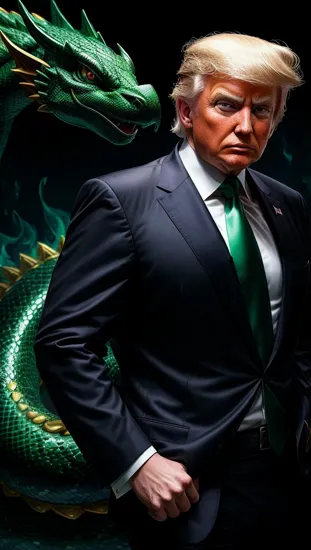 Corporate dragon master, (emerald-eyed serpent), ((suave male Donald Trump)), sleek suit, contemplative expression, mystical companion, (flame of ambition), (air of command).