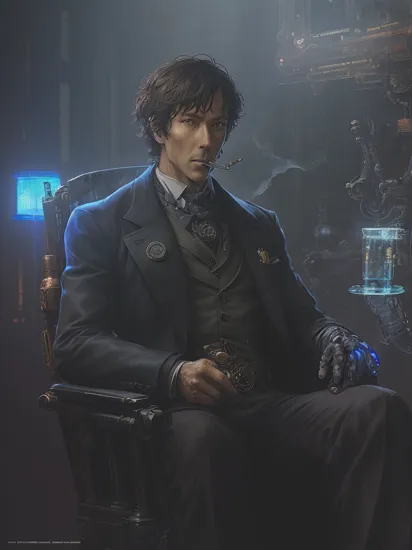 sherlock holmes,  cyborg, 
 holding smoking pipe
mechanical arms
sitting on  a chair
holographic interface,  multiple holographic monitor, 
shadow, dim light, dark room. messy, detailed ,
science fiction,  cyberpunk
 dystopian futuristic
 ( anime by Noriyoshi Ohrai)
[(details:1.2): [ (many small details:1.3) : [ (many ultrasmall details: 1.2):(very detailed ultrasmall edges and microrelief:1.5):0.7 ]: 0.4 ] :0.2]