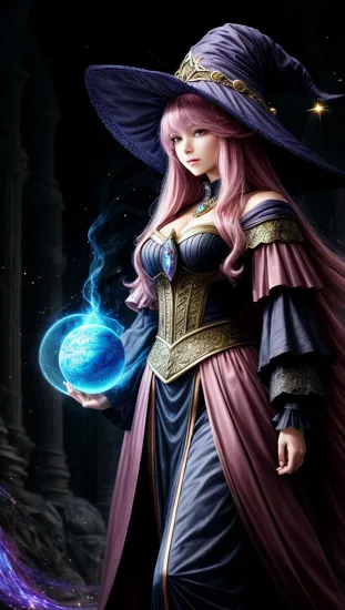 hyper detailed masterpiece, dynamic, awesome quality, female witch, light pink long hair, wearing witch hat, oracle Weaving conjuring shaped like Amorphous of nickel blue lava celestial and illusion magic, Perfect Hands, looking on hands, lighting spheres flying near to character, she is standing straight