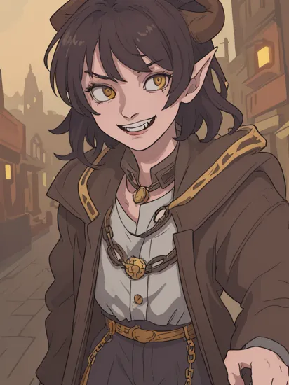 ((Closeup face focus)), (Cinematic photo: 1. 3), A Tiefling with long thin twisted horns, dark red skin, curly black hair, an evil smile, glowing yellow eyes, lion fangs in the role of a Joker\(Joker 2019\), stands in a leather coat with metal chains, brass buttons against the background of a medieval city's night street, ((Portreitshoot)) directional look, cinematic composition, (intricately detailed, fine details, hyperdetailed), ultra-detailed, (backlight:1. 2) intricate, style-empire, (lens flare:0.7), particle effects, raytracing, cinematic lighting, shallow depth of field, photographed on a Sony Alpha 1, 50mm wide angle lens, sharp focus, cinematic film still, absurdity, 8k quality, diffuse lighting, highres, (dark shot:1.17), epic realistic, faded, ((neutral colors)), art, (hdr:1.5), (muted colors:1.2), hyperdetailed, (artstation:1.5), cinematic, (rutkowski), warm lights, dramatic light, (intricate details: 0.8)