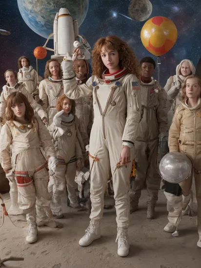 8k 3d render, hermione granger dressed in a vintage nasa spacesuit standing beside a foot high model of the space shuttle surrounded by the 12 disciples who are dressed as clowns, realistic, extremely detailed, intricate, best quality, masterpiece, detailed background