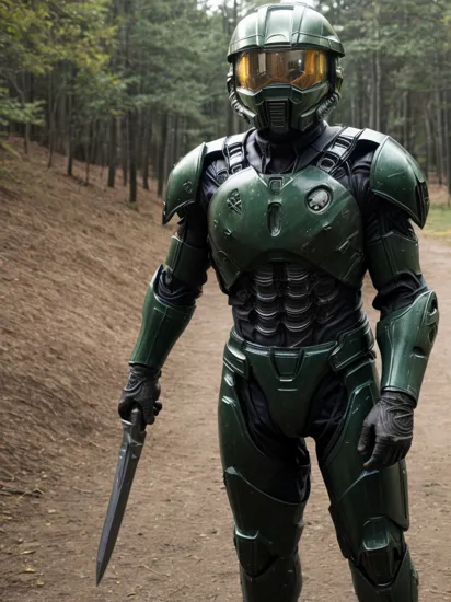 spartan, 1boy, solo, helmet, faceless, armor, gloves, power armor, science fiction, crotch plate, breastplate, outside, ((master chief, green armor))