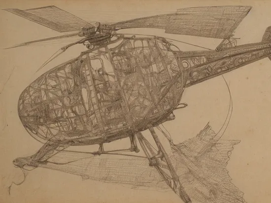 airwolfhelicopter a helicopter line drawing by leonardo da vinci, very sharp, intricate detail   
