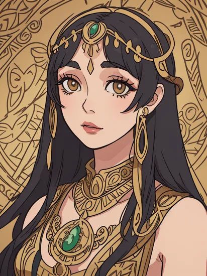Cleopatra portrait, intricate art deco leaf designs elegant highly detailed egyptian patterns hieroglyph sharp focus a dramatic lighting, intricate, wild, highly detailed, digital painting, concept art, smooth, sharp focus, illustration, exotic, hight resolution 8k, her eyes looking to the camara lents