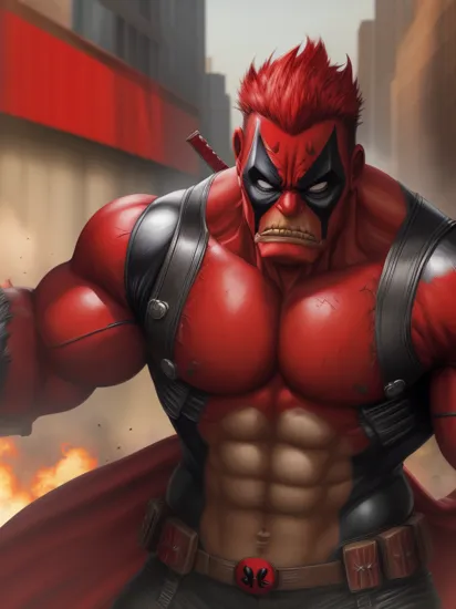 (super size Spawn and Red Hulk and Deadpool),high resolution,HD,very realistic,bloody,explosion,city,street,aircraft,man focus, solo, huge cape,(look at viewer), prefect metal armor,man focus,
