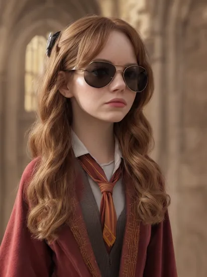 A stunning digital painting of (Emma Stone:1.4),masterpiece, best quality, high detailed, (As Hermione Granger from the Harry Potter series, clad in her Hogwarts school uniform with a Gryffindor tie and robe, her wand at the ready. She stands in the halls of the magical castle, her intellect and loyalty shining through as she prepares to face challenges with her friends Harry and Ron.:1.5),(in the style of Oliver Wetter:1.3),(A pair of bold, retro-inspired sunglasses that shield her eyes from the sun while simultaneously adding a touch of glamour to her overall look.:1.6),epic fantasy character art, concept art, fantasy art, a character portrait, fantasy art, vibrant high contrast,trending on ArtStation, dramatic lighting, ambient occlusion, volumetric lighting, emotional, Deviant-art, hyper detailed illustration, 8k, gorgeous lighting, ,vamptech ,rifle, android,, wearing excessive makeup,Blush,Mascara,Eyebrow pencil,Eyeshadow,Eyeliner,Lip liner,Lip gloss,(Dramatic lashes:1.3),Cut crease,Ombre lips,Graphic eyeliner,extreme makeup, eye shadow, lipstick, excessive makeup