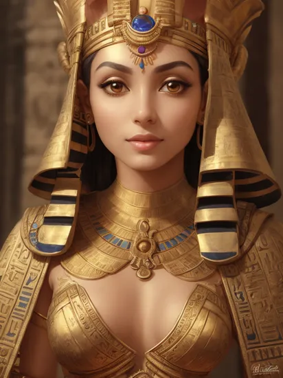 A stunning intricate full color portrait of young woman as,(the ancient egyptian queen),epic character composition,real,photoshoot,realistic,perspective,luminescent,bright colors,illusion,atmospheric scene,masterpiece,best quality,(detailed beautiful face, detail skin texture, ultra-detailed body:1.1),(golden egyptdress:1.3),smile,natural breasts,triticate,elegant,Cleopatra clothes,,face close-up,