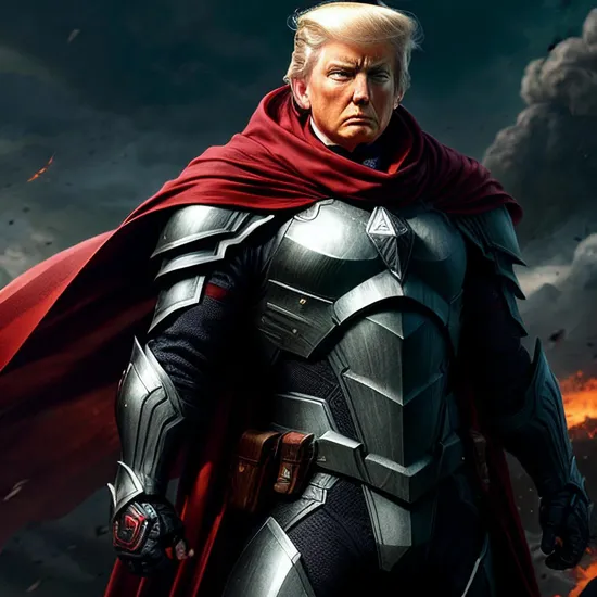 Indomitable guardian, (dark armored suit), ((stoic male Donald Trump)), crimson cape, stark lighting, shattered debris, vigilant stance, (symbol of valor), unwavering resolve, (aura of defiance).