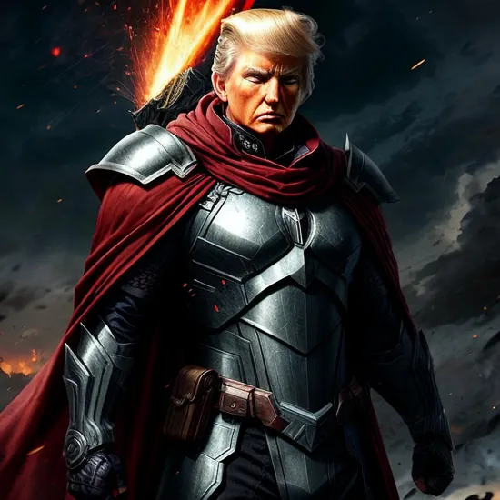 Indomitable guardian, (dark armored suit), ((stoic male Donald Trump)), crimson cape, stark lighting, shattered debris, vigilant stance, (symbol of valor), unwavering resolve, (aura of defiance).