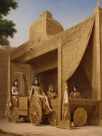 Egyptian princess Cleopatra, sitting, palanquin  aboart, painting, dots, detailed, sharp, HD, HDR, masterpiece, best quality, best resolution, golden ratio, breathtaking, award-winning, professional