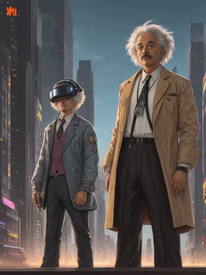 Anime Art,  Albert Einstein as Doc from Back to the Future,  wearing VR helmet,  standing beside the delorean,  cyberpunk 2077 cityscape,  art by J.C. Leyendecker