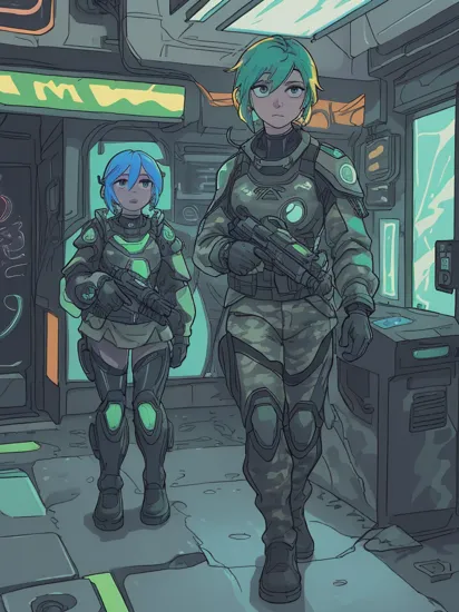 Two people, (hologram Cortana rudely kicking) (camouflage colored Master Chief:1.2), reimainged in a cyberpunk universe, cyberpunk, cyberpunk style, cyberpunk style art, cyberpunk surroundings, glowing multicolored neon lights, glowing tattoos, rain, raining, lightning, cinematic scene, detailed background, masterpiece, best quality, high quality, highres, absurdres, 16k resolution   