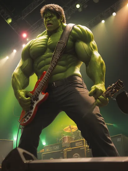 the incredible hulk, rock concert, playing an bass guitar, stage, band logo, lights, pov from in front of stage,