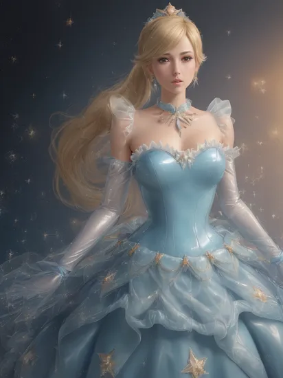 professional detailed (full body) photo, (samus aran:1.2) dressed in (latex strapless (Rosalina blue dress:1.2), (blonde ponytail), (jewelry, blue dress, princess crown, jewel brooch, long frilly sleeves), (perfect face, beautiful face, symmetric face), (shiny glossy translucent clothing, gleaming oily latex fabric :1.1), (sparkles, sparkling hair, sparkling clothes, sparkles around face:1.3),
ultra wide angle shot, 8k, RAW photo, photo-realistic, masterpiece, best quality, absurdres, incredibly absurdres, huge filesize, extremely detailed, High quality texture, physically-based rendering, Ray tracing,