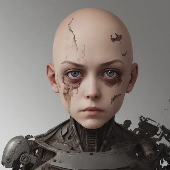 photo of bald terminator android girl with melted face revealing internal mechanisms, broken, battle damage, dented, deformed