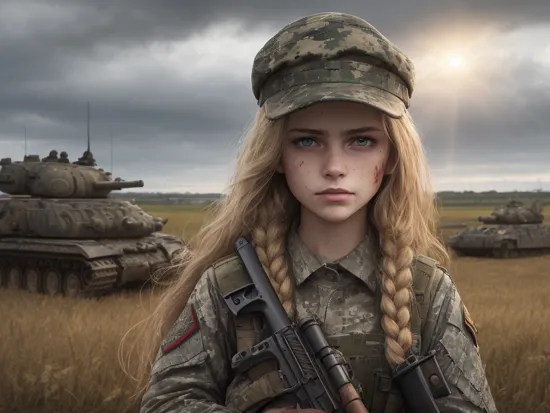 a photography of a battleground with 1 stunningly gorgeous 20 years old woman holding a riffle standing front of the camera, braids, photorealistic, all body in the picture, panorama, landscape, photography, best quality, intricate details, perfect detailed face, nsfw, yellow field background, very serious face, sad face, war battleground, destroyed tanks far in the background, destruction, very dark sky with blinding sunny ray, woman illuminated by sunny ray, dark clouds, corpses in the background, (long hair:1.1), (blond hair:1.2), stunning blue eyes, sharp eyes, (modern military clothes:1.1), (camo clothes:1.1), military cap, (fully dressed:1.1), (riffle in hands:1.2), (dirt and blood on her face:1.2), decay, gloomy, analog style, ukraine