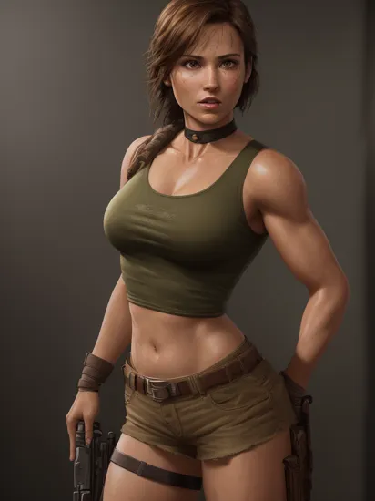masterpiece, lifelike portrait of (gibiasmr) as lara croft tomb raider, tank top and shorts, (full body portrait), superhero, heroic pose, movie poster, wearing a choker, photo realistic, highly detailed, high resolution textures, detailed face, dramatic lighting, detailed eyes