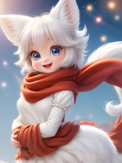 pixar style, a cute and sweet happy white fairy fox, Wearing a red scarf, singing, blue eyes long eyelashes, Happy sweet smile, open mouth.shiny snow white fluffy, fluffy tail, fairy tale, fireworks shine, bright color, natural light, face focus, 