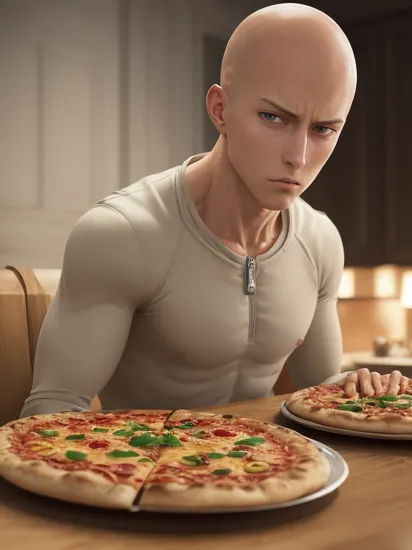 epic, dramatic, high definition, ManLevitatingPizza, <lora:ManLevitatingPizza:0.90>, saitama from one punch man sitting at the table, masterpiece, best quality, detailed, realistic, photorealistic, octane render, hyperrealistic