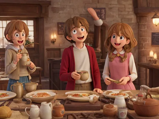 (best-quality:0.8),
(best-quality:0.8), perfect anime illustration, harry potter and hermione granger laughing with soup