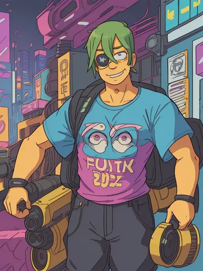 Fat Homer Simpson, Cyberpunk style, (with cyberpunk implants on face, robotic arm, implanted eyes:1.2), happy smile, wearing a t-shirt with the inscription âVOTE 2077â, face of Donald Trump printed on T-shirt, cyberpunk outfit, funny scene, 3d realistic, very detailed, masterpiece, 8k, SFW, Simpsons Springfield background