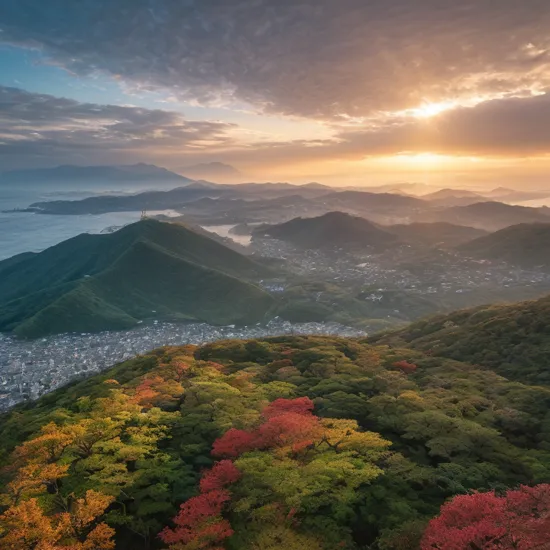 japan nature landscape, aerial view, drone photography, cinematic, mountains and ocean, cinematic view, epic sky, detailed, low angle, high detail, warm lighting, volumetric, godrays, vivid, beautiful, by jordan grimmer, huge scene, sunrays, Fujifilm GFX 50S