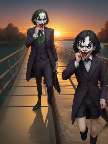 masterpiece,best quality,Ultra HD,extremely detailed cg,flat 2d vector art,
Joker\(character\) in the picture "the scream" (both hands on own cheeks),inspired by THE SCREAM painting,(surprised face:1.2),
standing on a river bridge at sunset,insane details,award-winning composition,,,