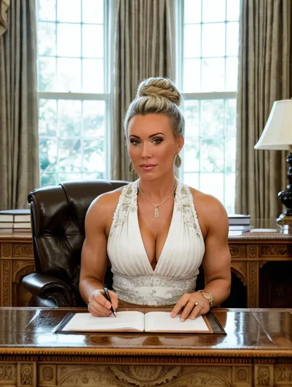 @Laura is the president of the United States. sitting in the oval office at her desk. Her hair is pulled up tight in a bun.