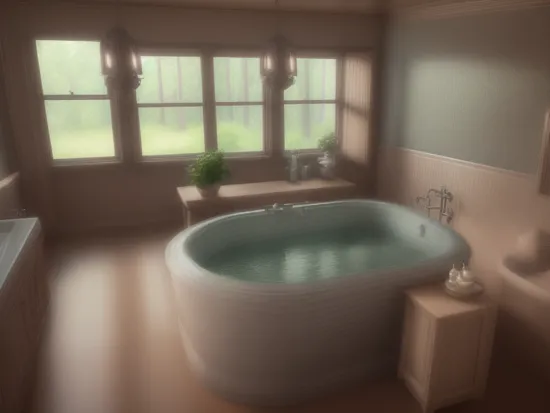 (Professional 3D rendering:1.3) of (Ultrarealistic:1.3) magicalinterior style, bathroom, bathing room, plant, scenery, window, tree, nature, bathtub, forest, mirror, bath, faucet, water, house interior, indoors, cottage interior, treehouse interior, dark, gothic, Goth, luxury, fantasy, magic, Harry Potter, Slytherin, perfect composition, award-winning,CGSociety,ArtStation