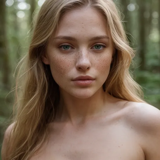 fashion photography portrait of topless white girl, in a forest,  symetrical, octane render, 35mm, bokeh, 9:16, (intricate details:1.12), hdr, (intricate details, hyperdetailed:1.15), (natural skin texture, hyperrealism, soft light, sharp:1.2), look at the camera, freckles