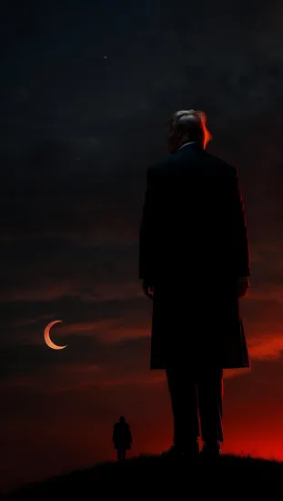 Apocalyptic ambiance, (deep red sky), shadowed clouds, ((enigmatic male Donald Trump)), dark attire, contemplative pose, mysterious tome, (crescent moon), silhouette contrast, fiery backdrop, ominous mood.