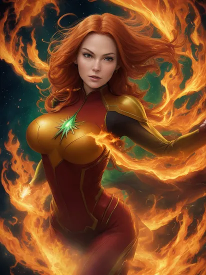 Food Photography, (ohwx woman:1.0),As Jean Grey in her green and gold Phoenix attire, unleashing her telekinetic powers, creating an aura of flames around her, floating above a devastated landscape, locked in a fierce battle with a cosmic entity, intense action, vivid colors, epic composition, hyper-detailed, high-resolution, masterpiece, powerful display of her abilities.,  
