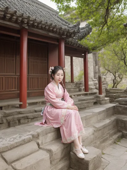 masterpiece, best quality,Group photo,
1girl, solo,sitting, outdoors,full body,front view,looking at viewer,ancient Chinese Architectural,pink hanfu,
  