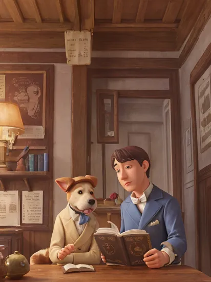 A dog and Sherlock Holmes reading a book in an old house.