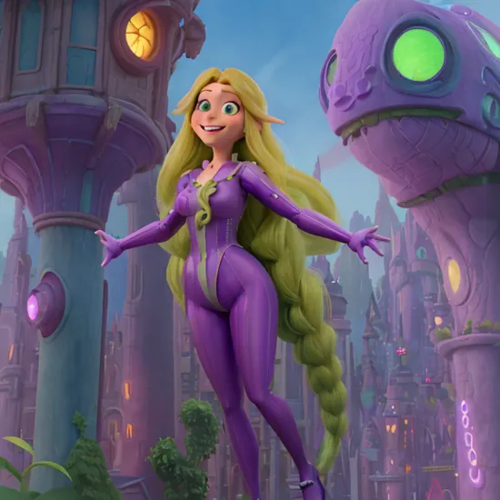 (absurdres, highres, official art, beautiful and aesthetic:1.2),1 girl, (rapunzel \(disney\):1.3), teeth smile, glowing green eyes, blond hair, (absurdely long hair:1.3), medium breasts, (purple futuristic_outfit:1.4), outdoors, hologram,  futuristic disney, (cyberpunk, futuristic theme:1.3), sunset, clouds, upper body, , ,  , 