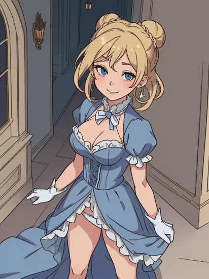 1girl, (CinderellaWaifu), (blonde hair), (single high bun), (blue dress), gloves, jewelry, (dress lift), (skirt lift), (white panties:1.2), (standing against wall), victorian palace, (hallway), (candelabra), medium breasts, looking at viewer, closed mouth, smile, beautiful lighting, masterpiece, trending on ArtStation, trending on CGSociety, Intricate, High Detail, Sharp focus, dramatic lighting, illustration, digital art, by artgerm, by Liang Xing, by WLOP