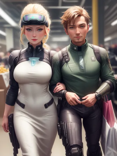 Couple shopping at Ikea,  Master Chief from Halo and Elsa from Frozen,  wearing VR Headse,  art by Makoto Shinaki,  art by J.C. Leyendecker,  Cyberpunk 2177 style
