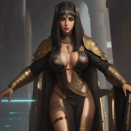 Young Cyberpunk Cleopatra [Elizabeth Taylor:Leonor Varela:0:5], Extremely augmented body, Egyptian pharaoh, techno-witch, cyborg, cyberpunk world, cyberpunk throne, holographic symbols, Cleopatra outfit, up close, full height