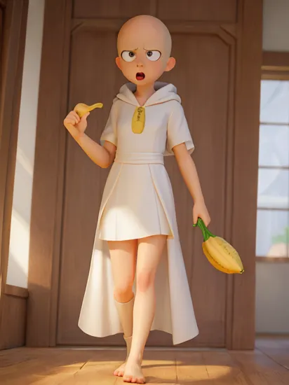 (masterpiece), (best quality), (photorealism),(HDR), (Hyperrealistic), A banana eating Saitama from one punch man, yellow dress, white cape <lora:Details:0.85>