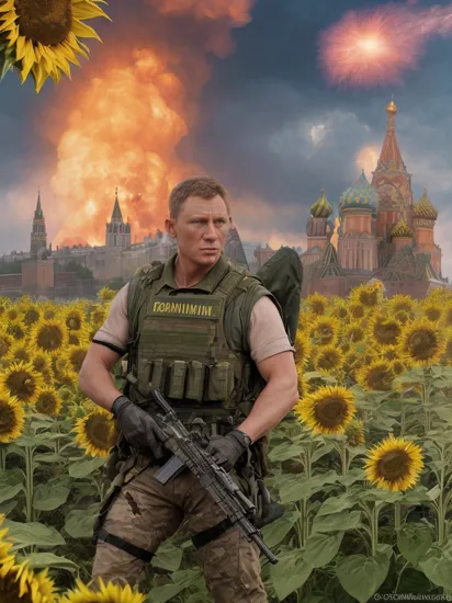 realistic close-up photo of (Kremlin exploding:1.3) on a (sunflower field:1.5), (crumbling castle walls), pouting ((sad)) ((James Bond)) 007danielcraig (sitting) on a rock, St. Basil Cathedral collapsing, destroyed tank, (rainbow),(blown off turret), explosions, missiles, rockets falling, ruined fortress tower, airstrikes on (red square),smoking ruins, fighter jets,(Ukrainian flag:1.4), rainbows,(flying pink ponies:1.3), horses, cannon, (UK military patch:1.1), pixel camouflage,camo,military gear,party costume, color clash, witch hat,tactical gear,assault rifle, M4A1,M16,agent 007 with (((rifle))) in hand, AR15,ak74,shooting (((gun))),ruins of russia,moscow destroyed,(mushroom cloud), white carnations,shot on DSLR, 30mm, F/5.6, Nikon D850, hyper-realistic,detailed face,detail on skin,cluttered,a masterpiece, trending on artstation, (((burning Kremlin in background))),triadic color grading,flames,Disneyland,IFV, APC, BTR,BMP,T-34,volumetric lighting,volumetric fog,plate carrier,armored vest,Daniel Craig,potatoes,bayonet,sword in hand,ski,skiing on a beach,(main battle tank), t-55, t62,t72, just draw any tracked vehicle FFS,(((neon))) lights,nightlife,(Blade runner) style,cyberpunk,(fires),(flames),disco 