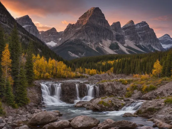 RAW, 8K, HD, Sharp Focus, landscape photography, a stunningly beautiful landscape,  after sunset, photorealistic, absurdres, hyperrealistic,  (crepuscular rays:0.5) the canadian rocky mountains, waterfall, award winning landscape photography, HDR