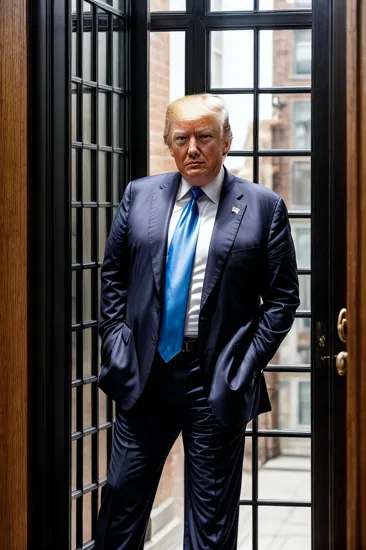 Confident man Donald Trump, salt-and-pepper hair, stubble, charcoal tee paired with tailored trousers, casually leaning against a wooden door frame, street ambiance, soft focus on the bustling city life behind, gentle smile playing on his lips, wrist adorned with a sophisticated watch, the warm glow of the overhead lamps casts a cozy light on Donald Trump, the reflection in the window adds depth to the scene, captured in a natural, candid moment, embodying urban sophistication and relaxed elegance in a metropolitan setting.