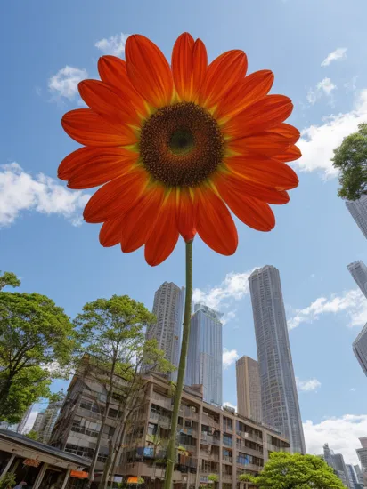 a photo of a(giant flower:1.2)floathing in the sky of a city, street photography, vibrant, High dynamic range, vivid colors, (NewTokyoWoodblock:1.1)