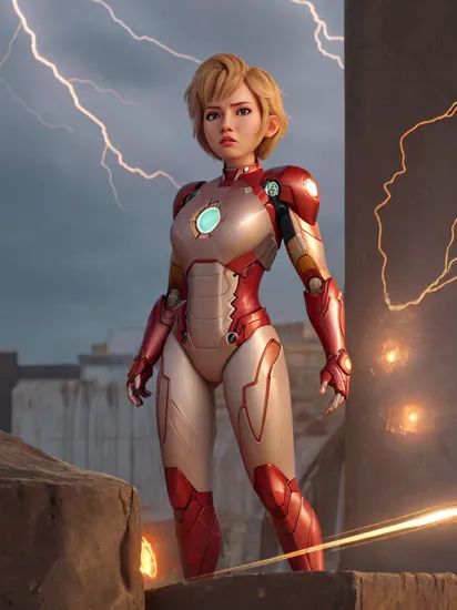 (intricate details), (hdr), (intricate details), (hyperdetailed), (natural skin texture), (hyperrealism), (soft light), (sharp), (octane render), (detailed background), (100mm photography) ((Beautiful female super hero)), wearing a thick armored suit, short hair, ((Iron man suit and glowing arc reactor)), standing on a rooftop in the pouring rain, surrounded by flashing lightning and thunder. The winds howl and the elements rage around her, making her seem both powerful and vulnerable at the same time, on eye level, looking at viewer, ((lips closed)),  [:0.8]