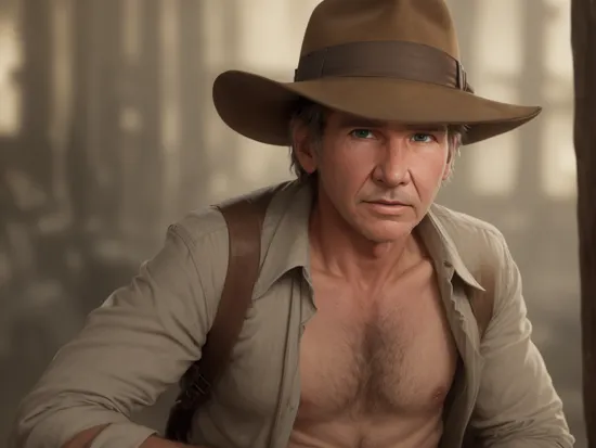 masterpiece, ultra realistic, ((perfection)), 1boy, 
 harrison ford, indiana jones, staring at the viewer, head slightly down, skeleton face,